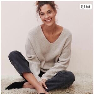 Jenni Kayne Sweater Shaker Stitch Cabin V-Neck Wool Cashmere in Oatmeal Medium